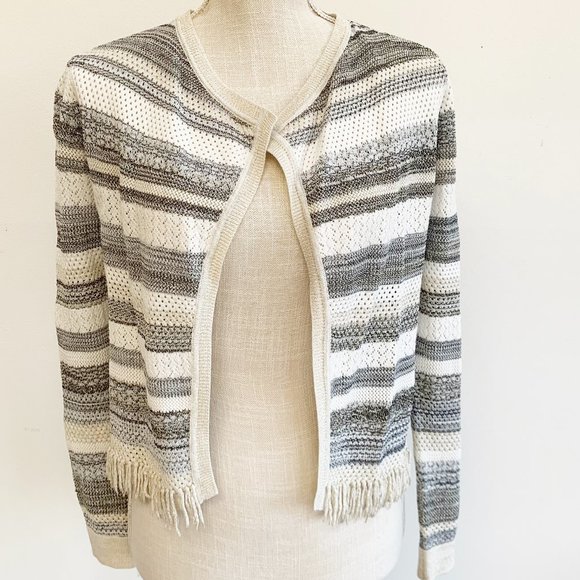 WHBM Knit Striped Open Front Cardigan with Gold Fringe | Coastal Grandmother - Picture 2 of 13